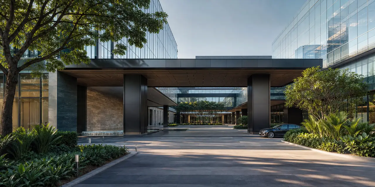 Intellion Park business campus arrival plaza with a covered drop-off and planting