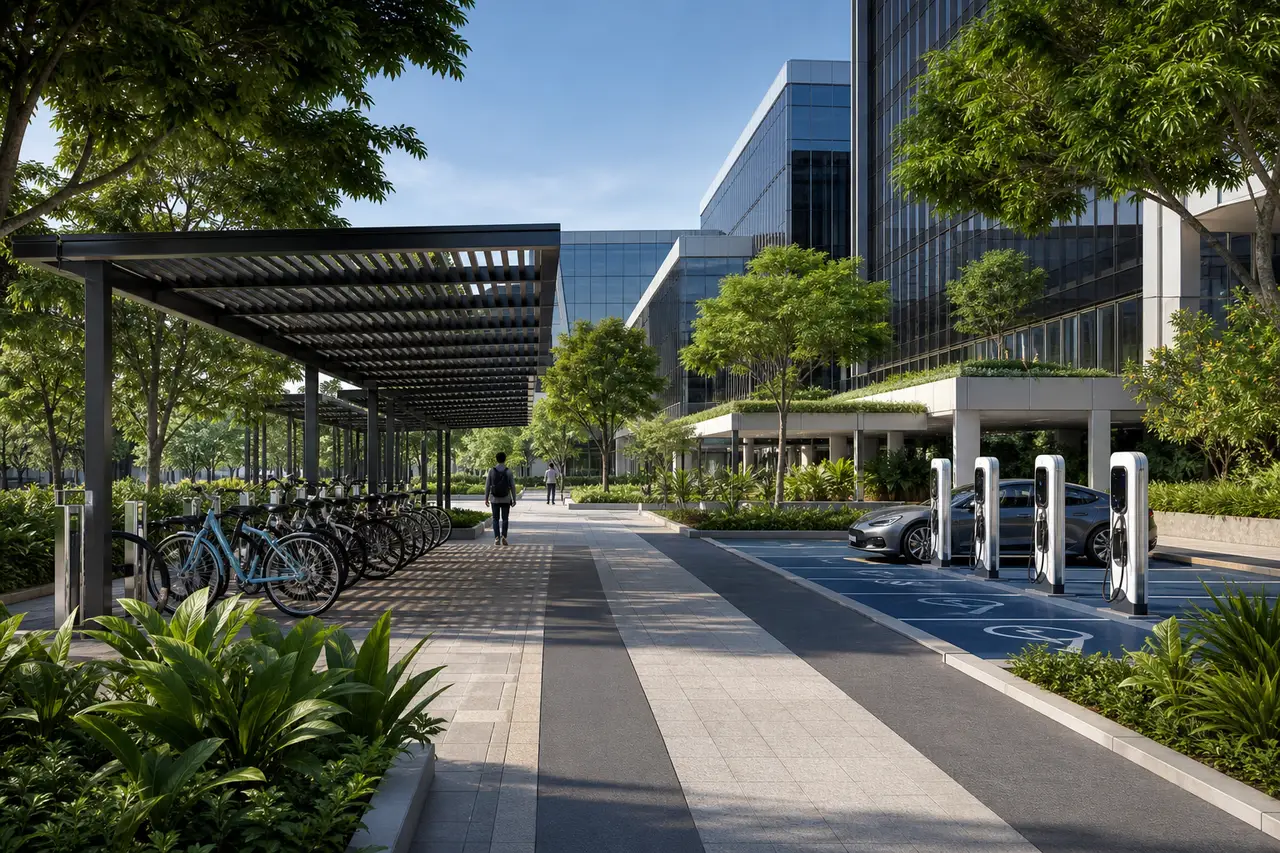 Office-campus mobility hub with shuttle bays, cyclists and planting