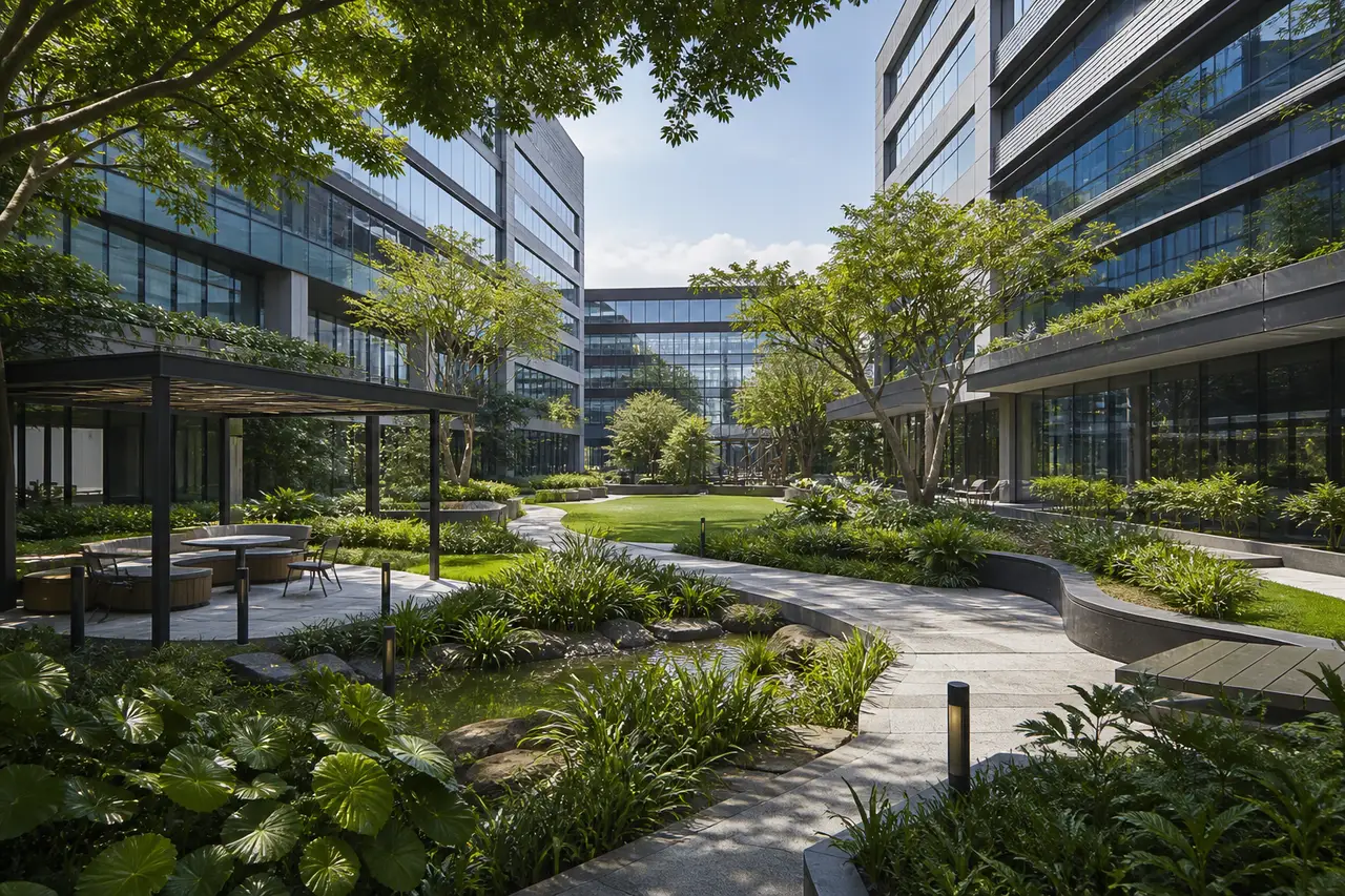 Workplace courtyard with mature planting and shaded seating