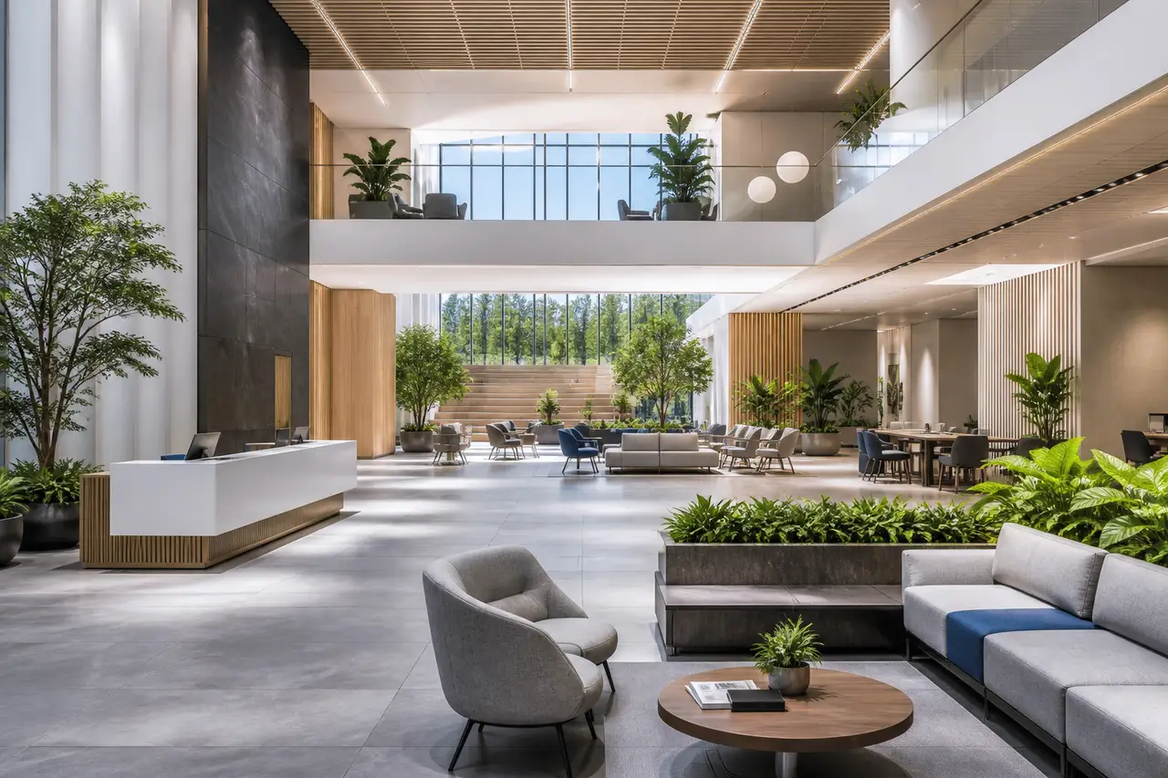 Contemporary office lobby with daylight and restrained blue accents